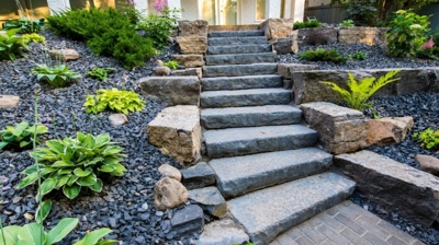 Stone steps to a garden with landscaping. Photo